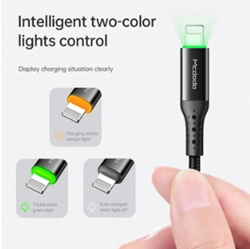 Black Apple Lightning charging cable with dual-colour LED lights, shown in 1.2m and 1.8m length options.