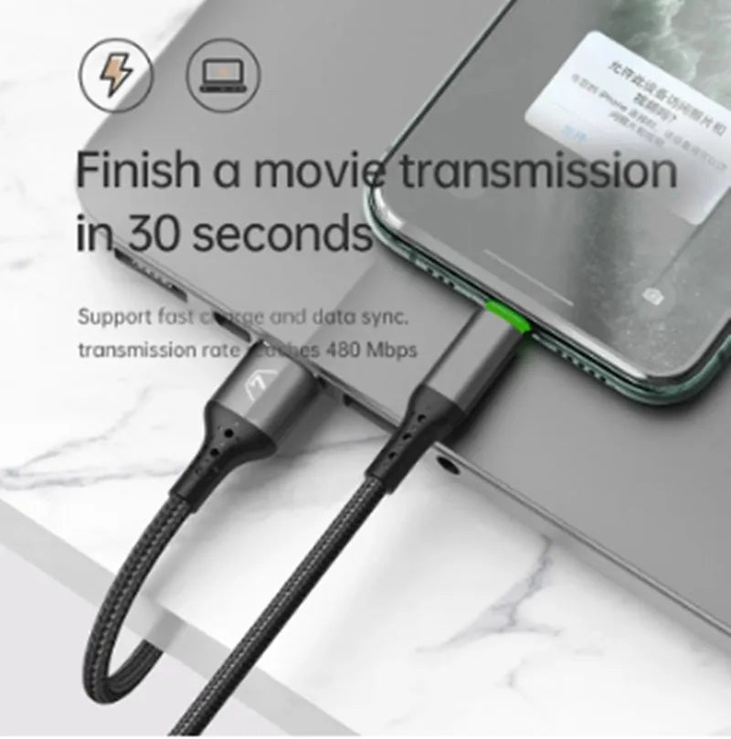 Black Apple Lightning charging cable with dual-colour LED lights, shown in 1.2m and 1.8m length options.