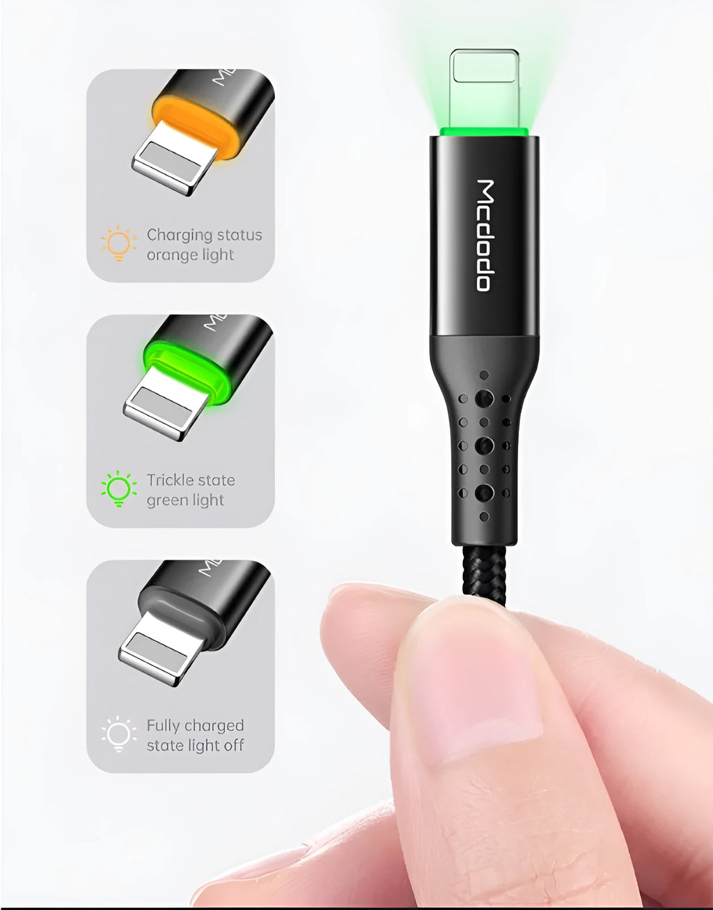 Black Apple Lightning charging cable with dual-colour LED lights, shown in 1.2m and 1.8m length options.