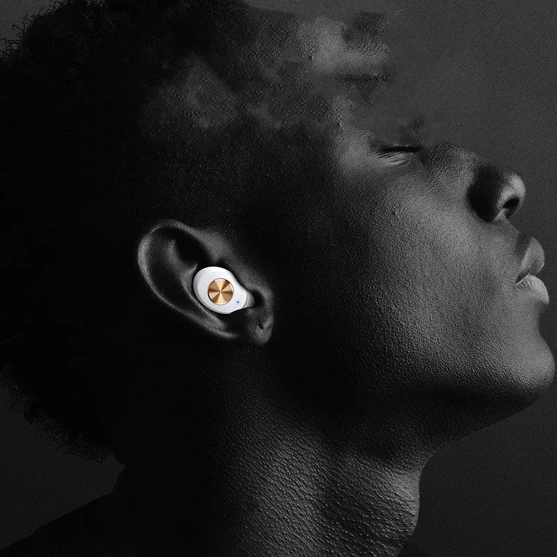 White Wireless Bluetooth Mini TWS earbuds shown next to their compact, rectangular charging case.