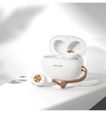White Wireless Bluetooth Mini TWS earbuds shown next to their compact, rectangular charging case.