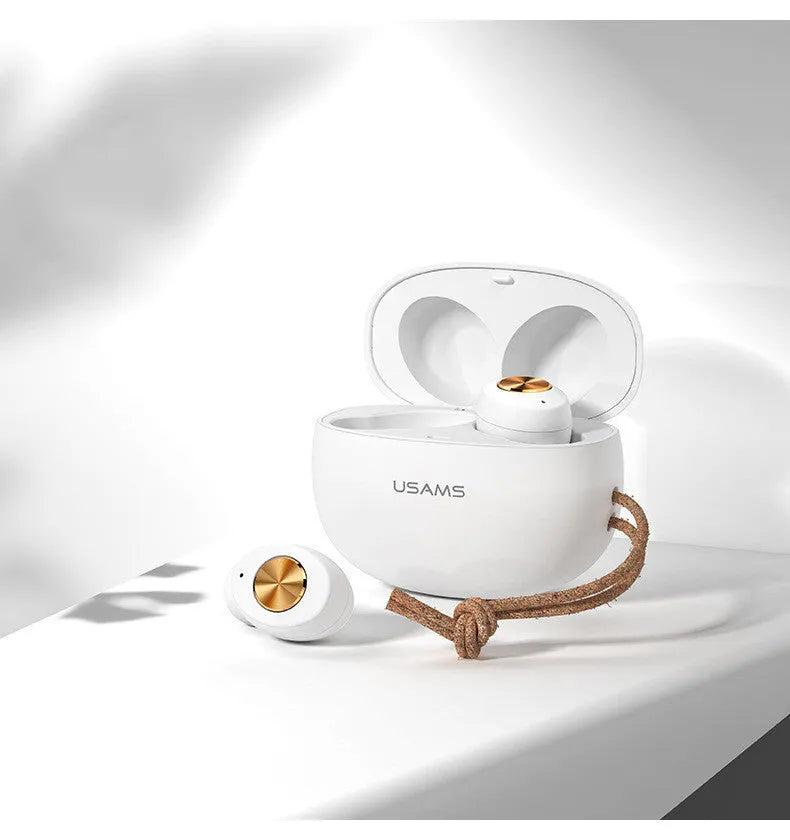 White Wireless Bluetooth Mini TWS earbuds shown next to their compact, rectangular charging case.