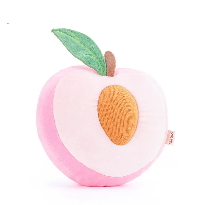 Kawaii plush fruit pillow toy in Peach colour, made of soft cotton with PP Cotton filling, suitable for children birthday gift