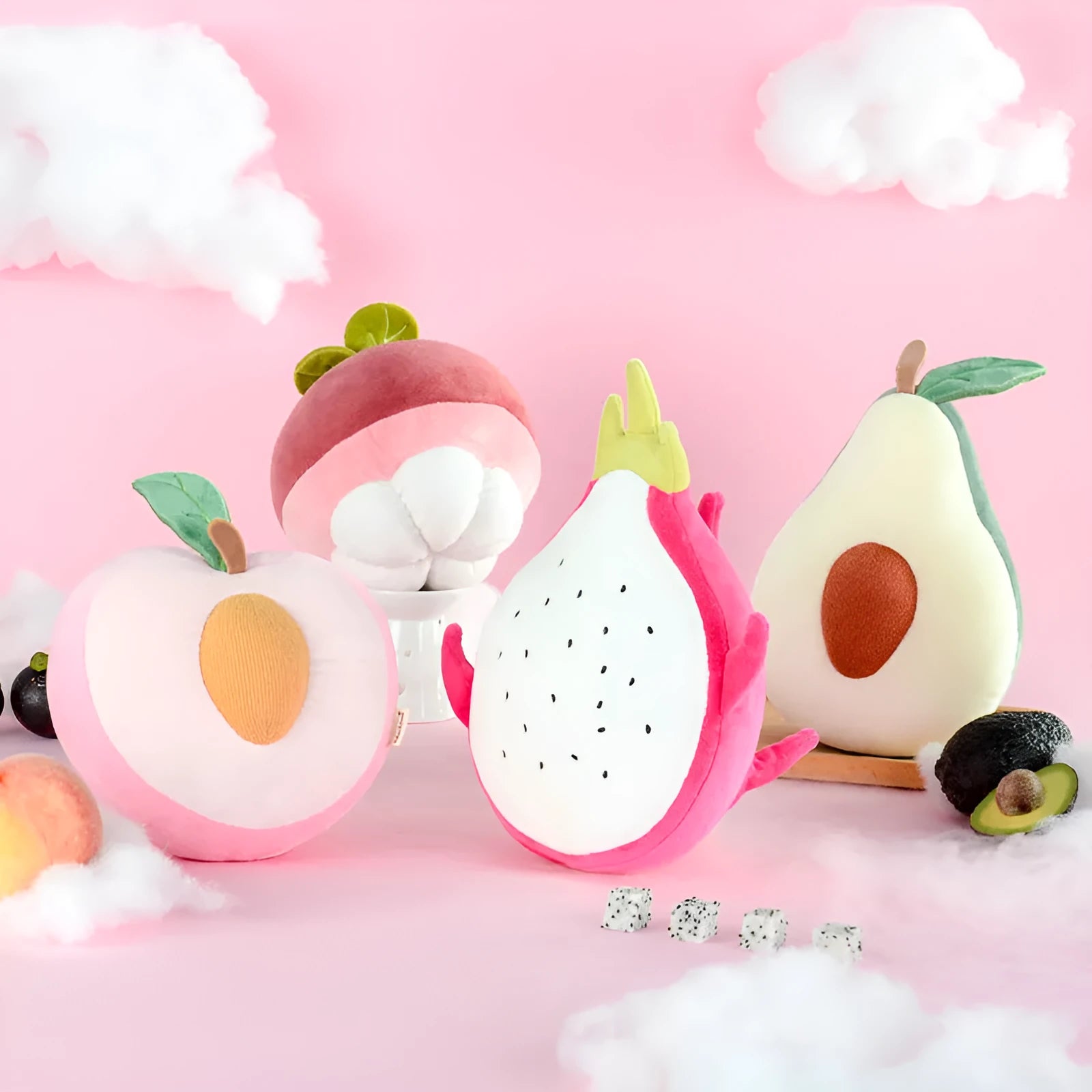 Kawaii plush fruit pillow toy in Peach colour, made of soft cotton with PP Cotton filling, suitable for children birthday gift