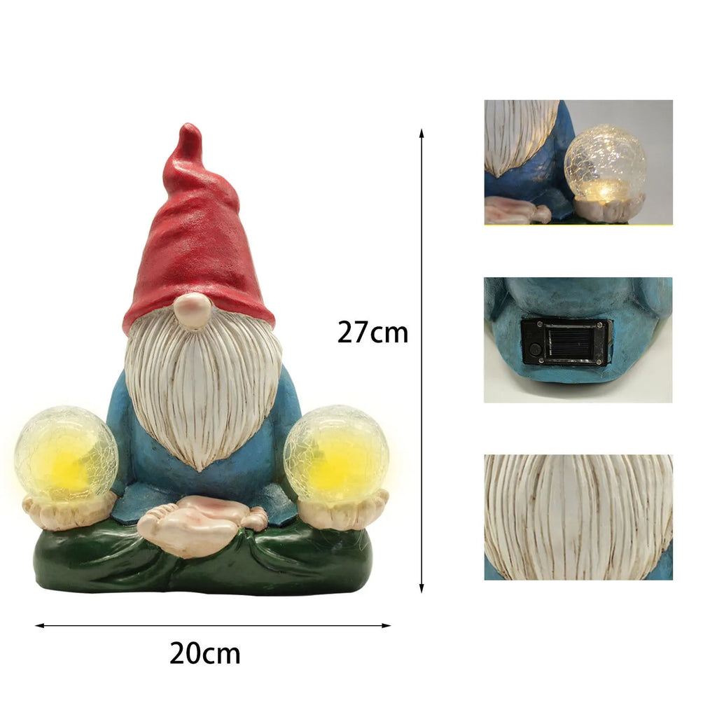 Solar LED resin dwarf doll garden statue with faceless old man design, measuring 27x20cm.