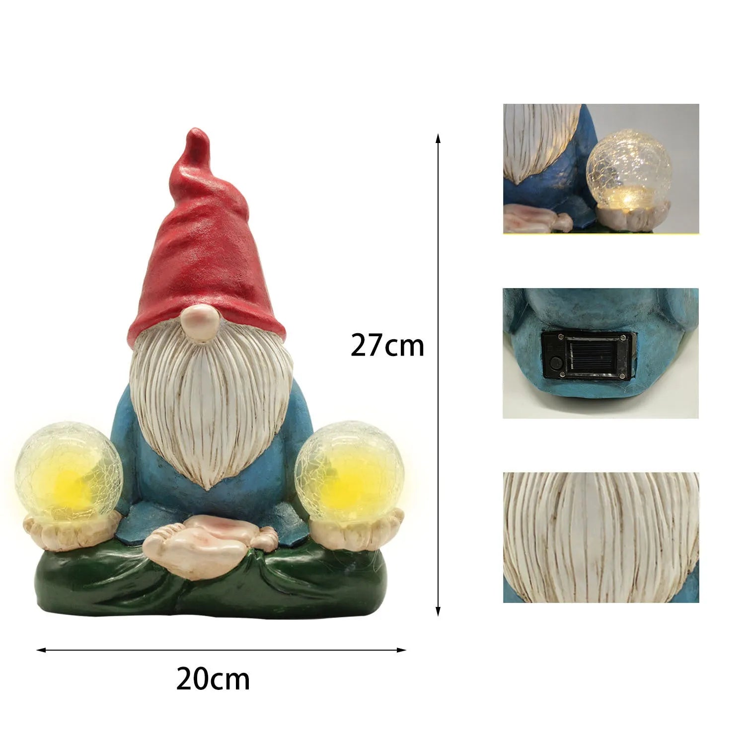 Solar LED resin dwarf doll garden statue with faceless old man design, measuring 27x20cm.