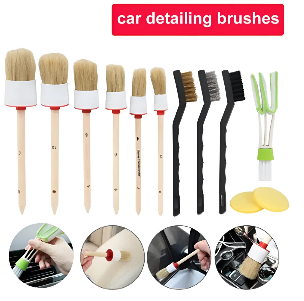 Round head car washing brush with pig bristles and wooden handle on a workbench