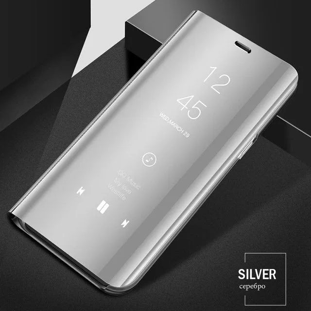 Samsung Galaxy mirror flip phone case in black showing front mirror panel and open kickstand.