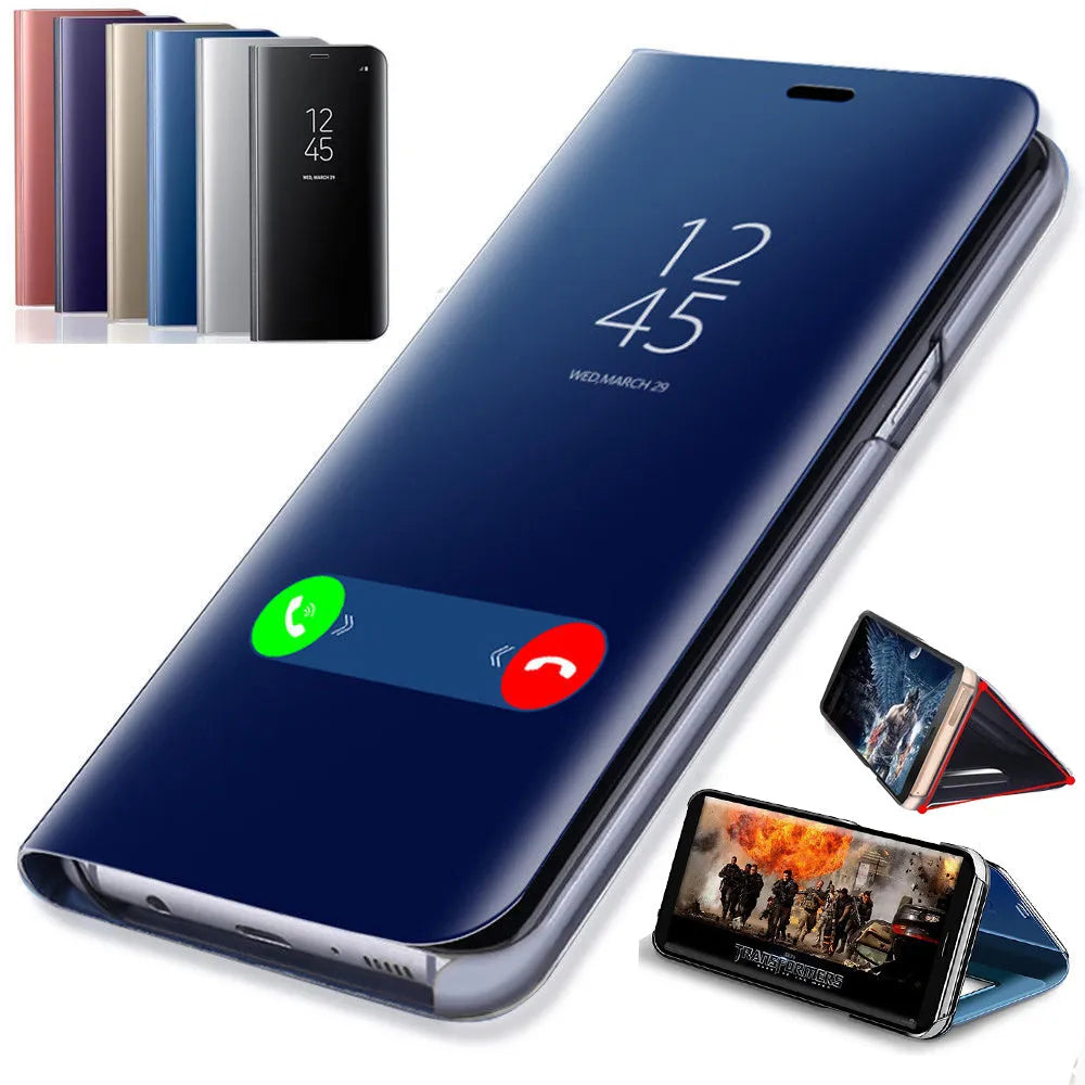 Samsung Galaxy mirror flip phone case in black showing front mirror panel and open kickstand.