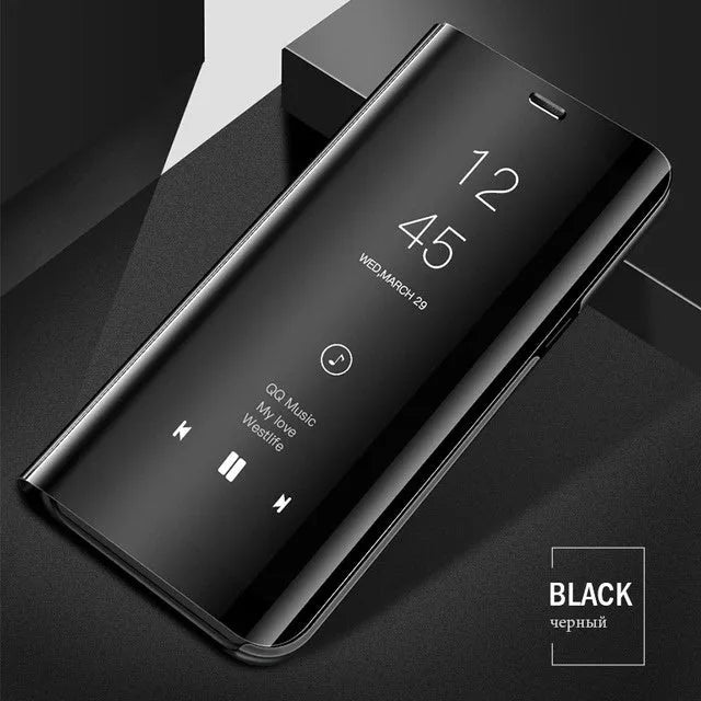 Samsung Galaxy mirror flip phone case in black showing front mirror panel and open kickstand.