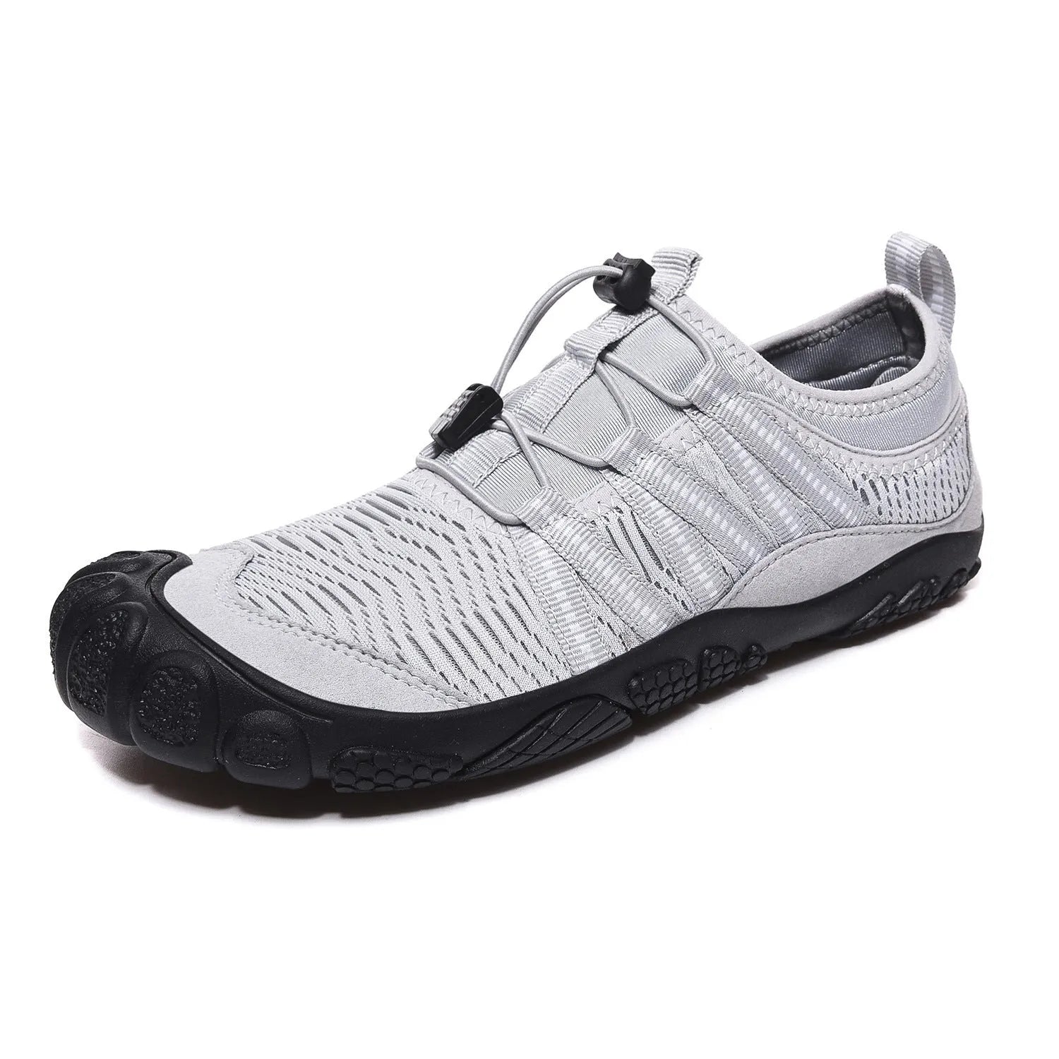 Men's and women's mesh water shoes for outdoor river tracing and swimming in black, grey, blue, and purple.