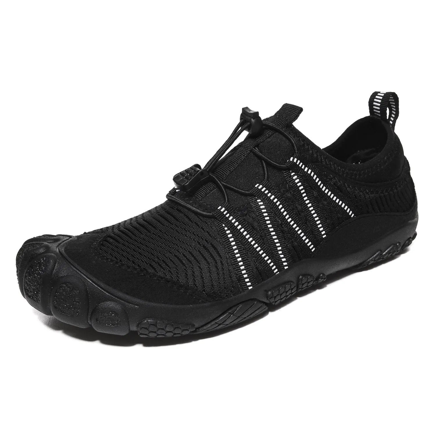 Men's and women's mesh water shoes for outdoor river tracing and swimming in black, grey, blue, and purple.