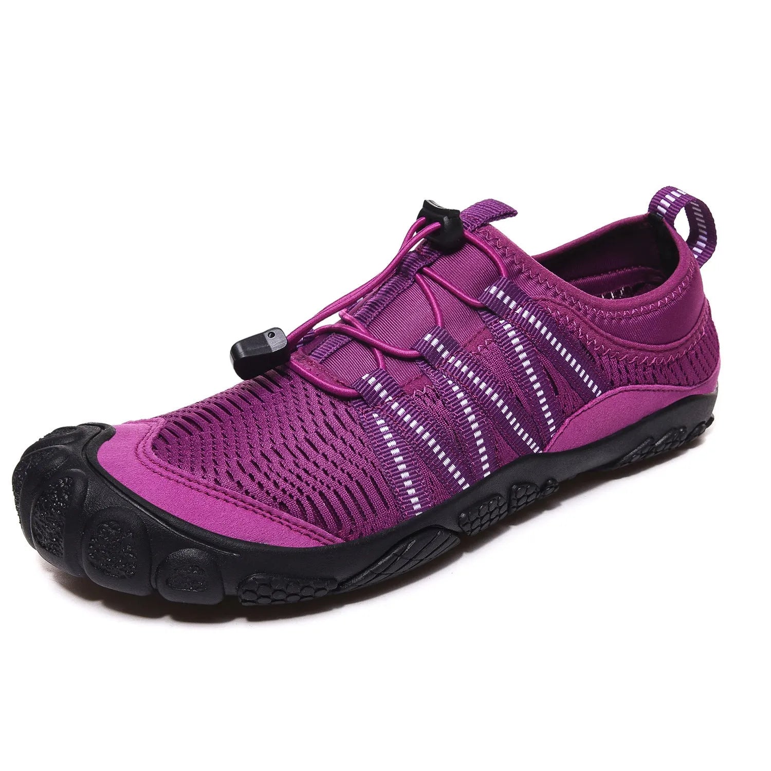 Men's and women's mesh water shoes for outdoor river tracing and swimming in black, grey, blue, and purple.