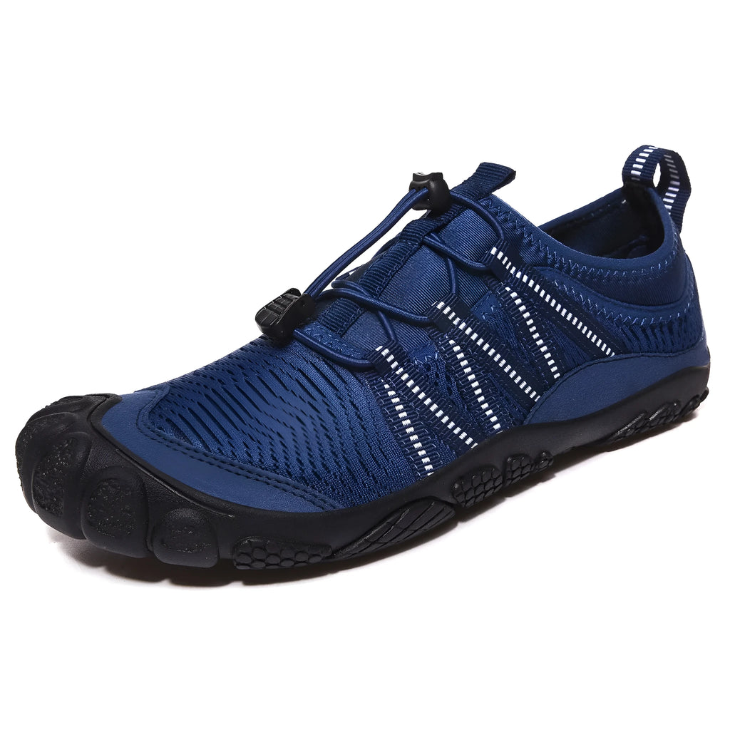 Men's and women's mesh water shoes for outdoor river tracing and swimming in black, grey, blue, and purple.