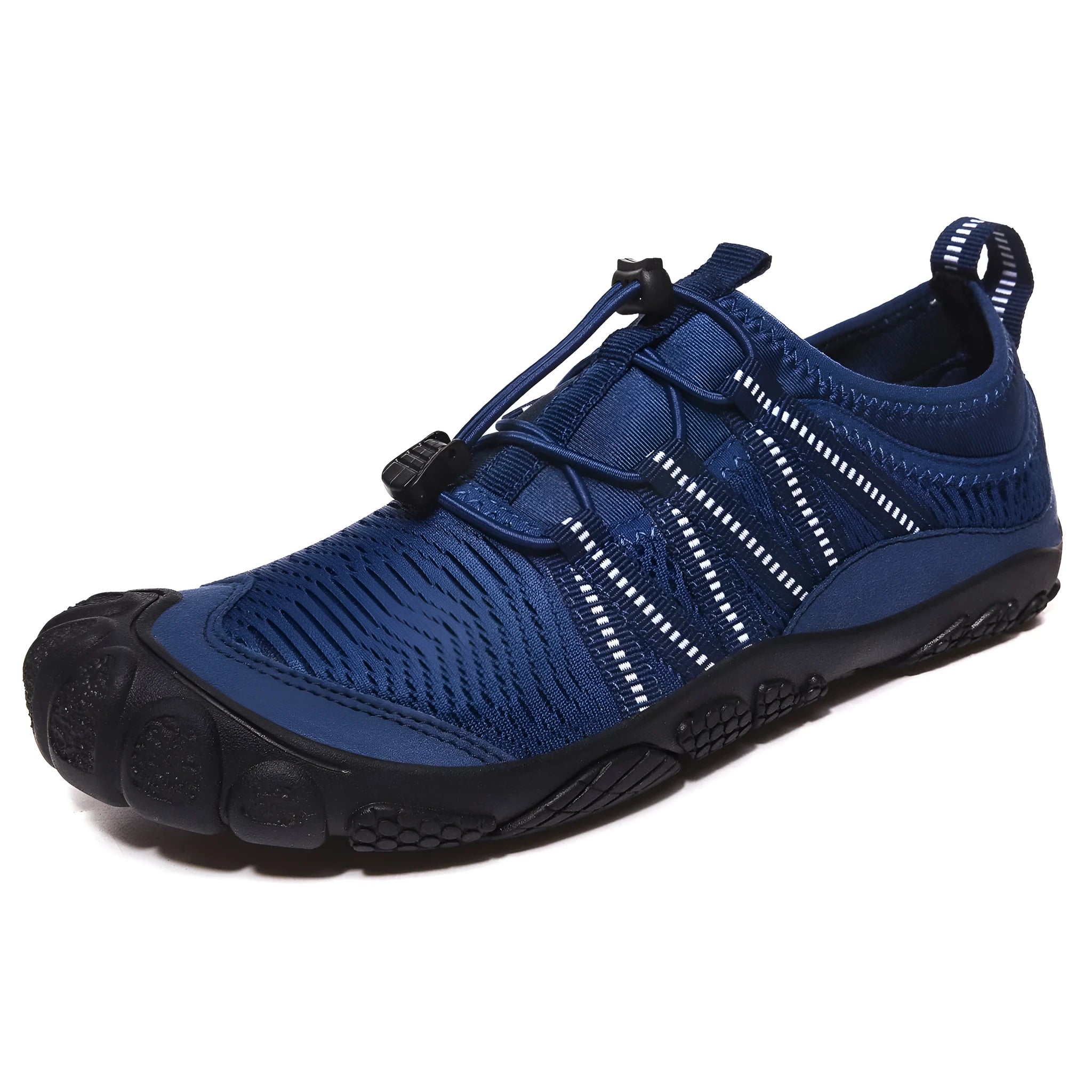 Men's and women's mesh water shoes for outdoor river tracing and swimming in black, grey, blue, and purple.