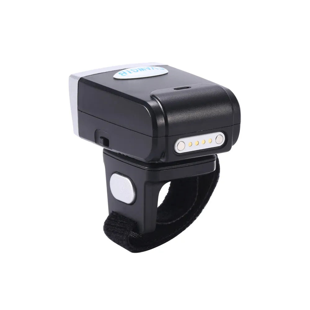 Black ring wearable Bluetooth barcode scanner with USB interface compatible with Apple iOS
