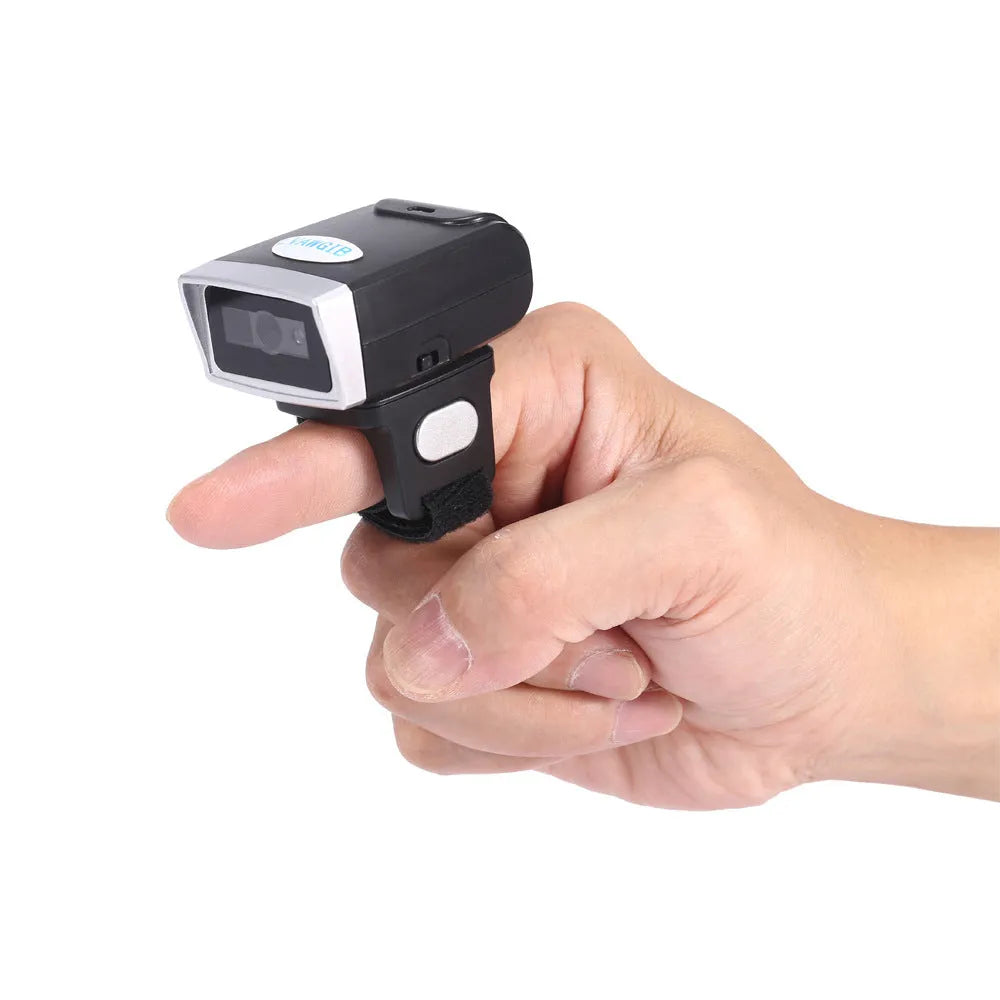 Black ring wearable Bluetooth barcode scanner with USB interface compatible with Apple iOS