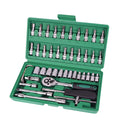 Green plastic box containing 46-piece alloy steel metric socket set with ratchet and wrenches for car repair