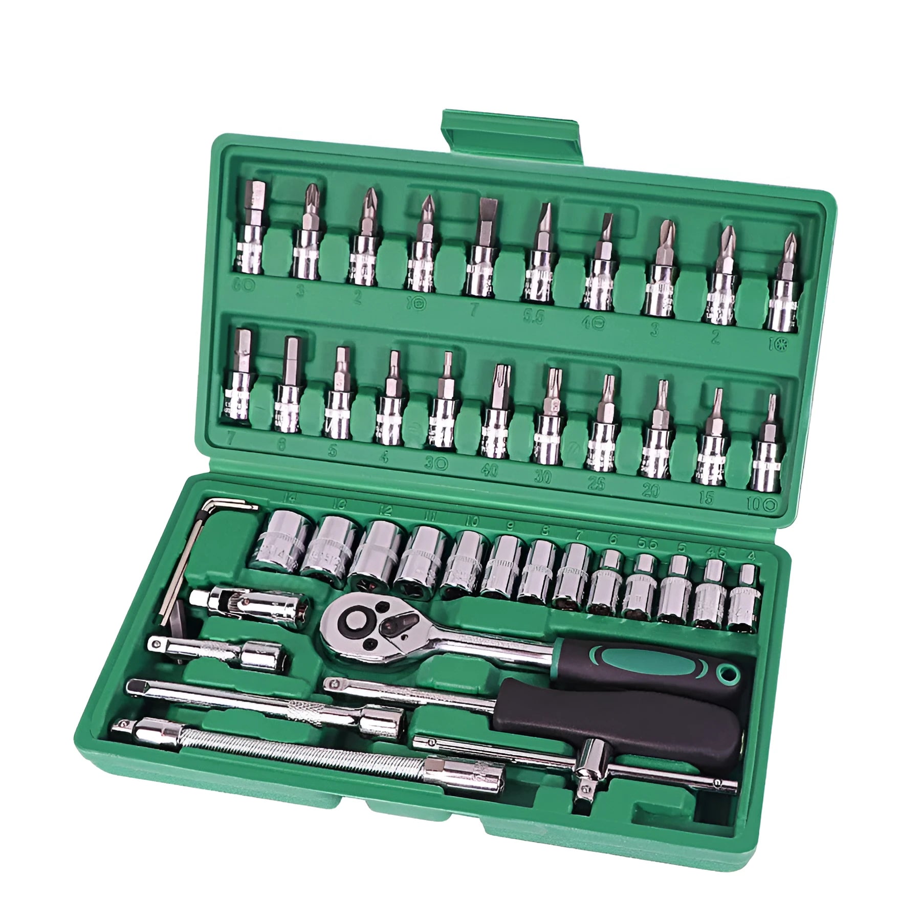Green plastic box containing 46-piece alloy steel metric socket set with ratchet and wrenches for car repair