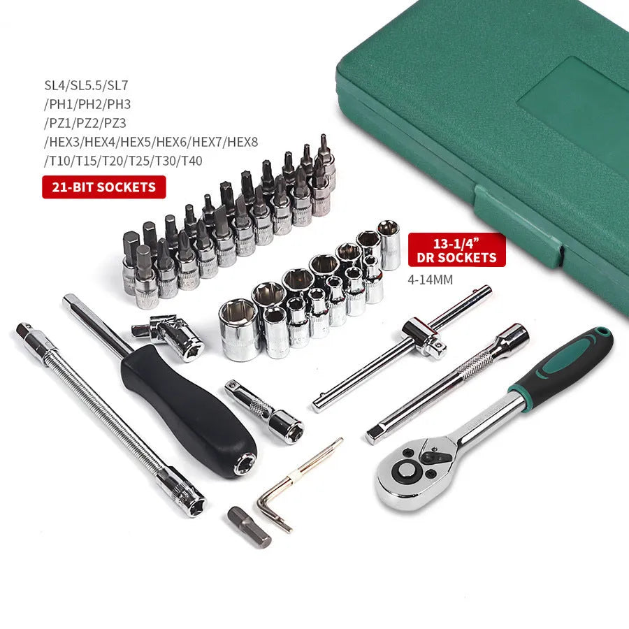 Green plastic box containing 46-piece alloy steel metric socket set with ratchet and wrenches for car repair