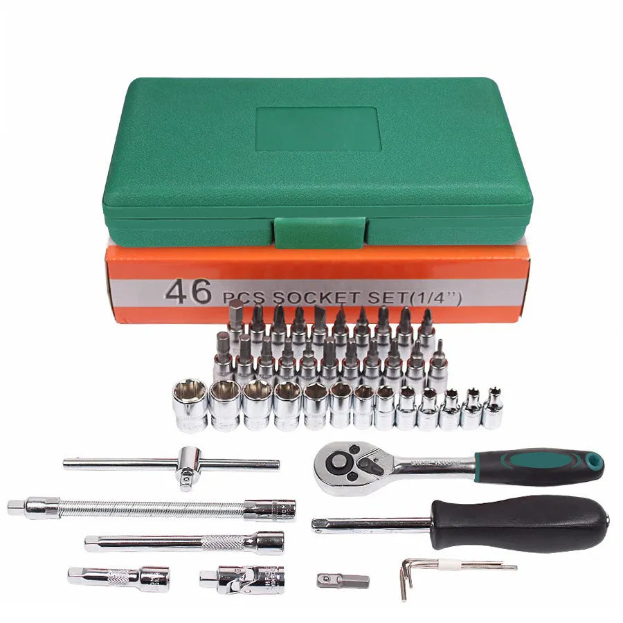 Green plastic box containing 46-piece alloy steel metric socket set with ratchet and wrenches for car repair