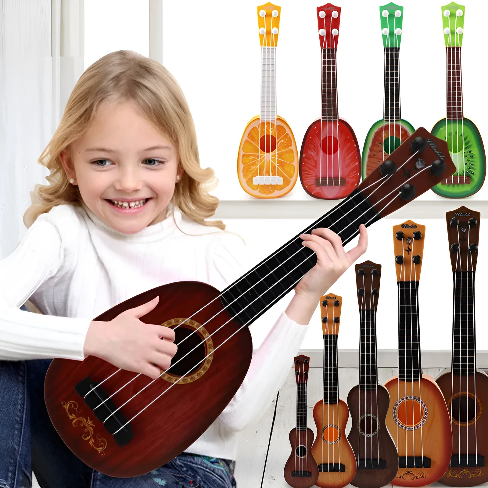 Plastic retro-style ukulele toy for children measuring 38 cm tall with safety construction