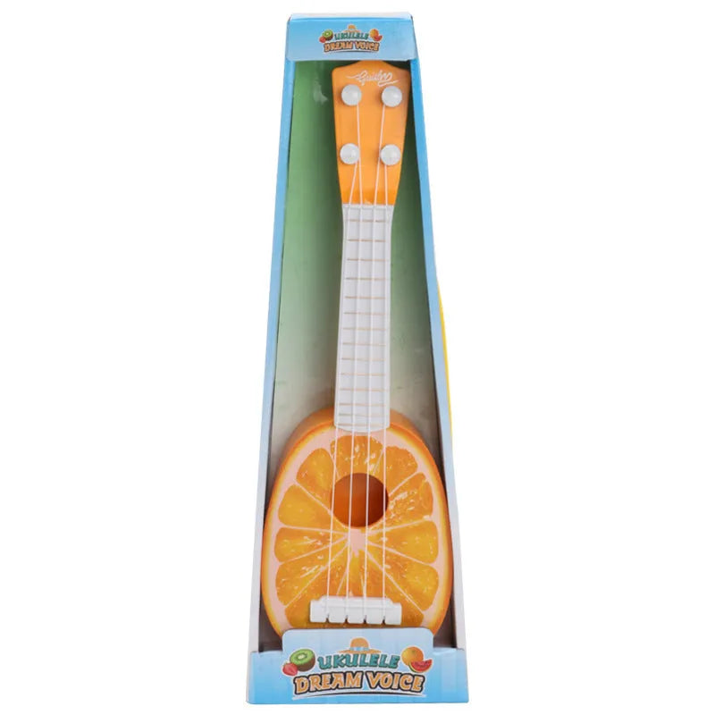 Plastic retro-style ukulele toy for children measuring 38 cm tall with safety construction