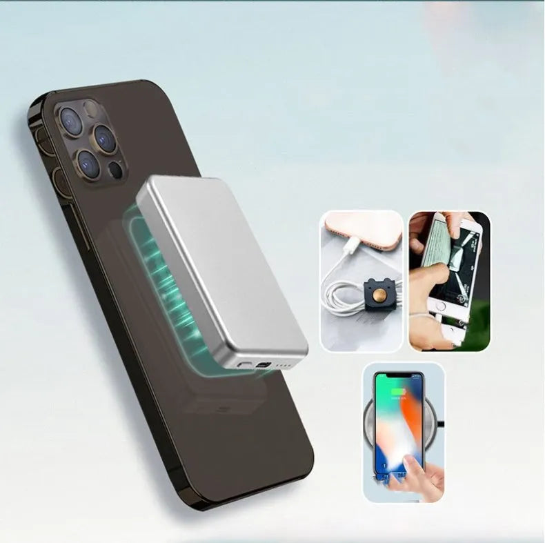 Silver aluminium magnetic wireless charging power bank for iPhone 12 with 5000mAh battery
