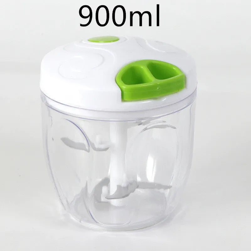 Green manual kitchen chopper with lid, three stainless steel blades visible inside 500ml bowl.
