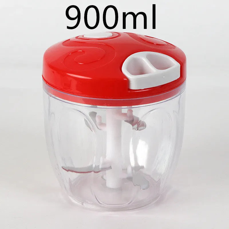 Green manual kitchen chopper with lid, three stainless steel blades visible inside 500ml bowl.