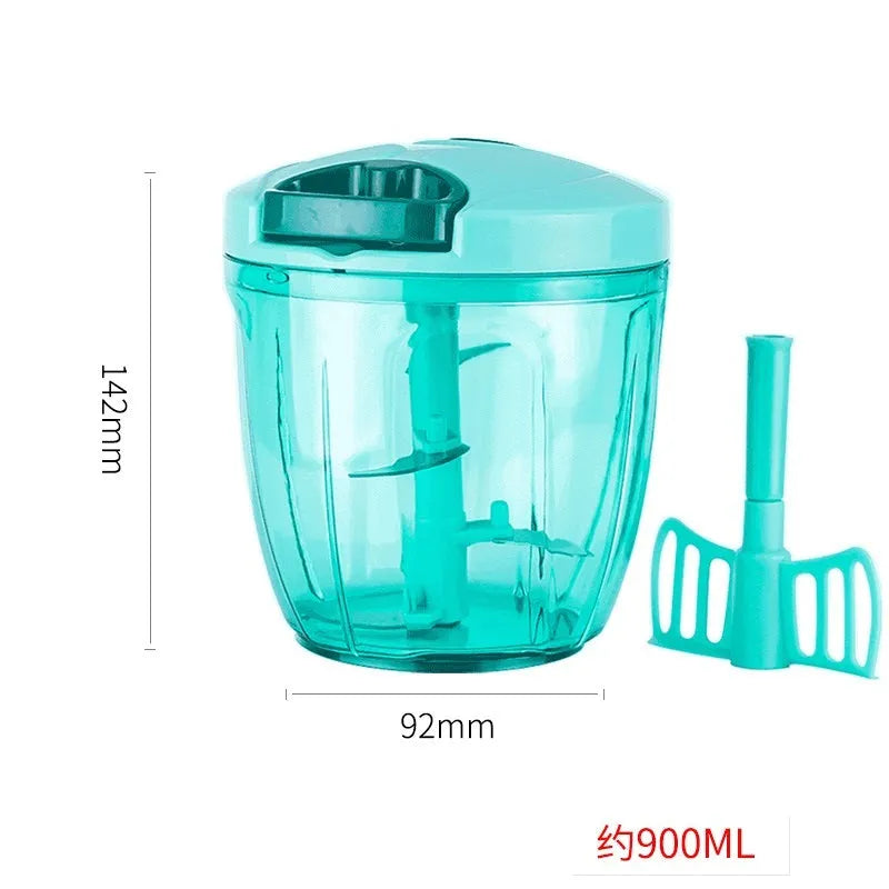 Green manual kitchen chopper with lid, three stainless steel blades visible inside 500ml bowl.