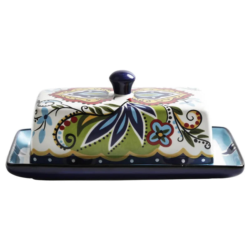 Creative ceramic butter box with lid, square shape, blue floral pattern, underglaze pottery finish