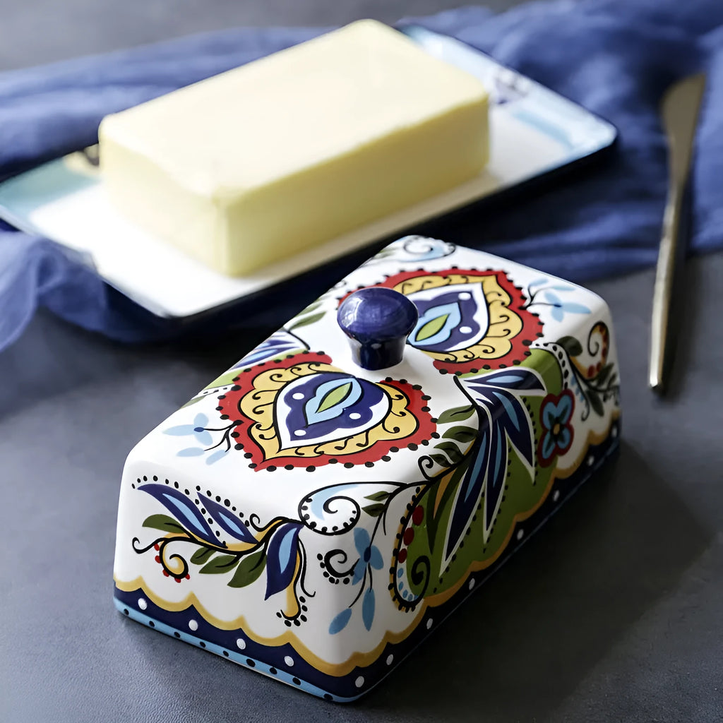 Creative ceramic butter box with lid, square shape, blue floral pattern, underglaze pottery finish
