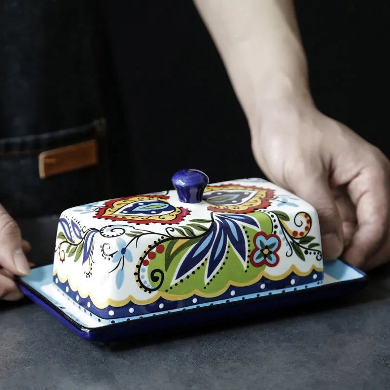 Creative ceramic butter box with lid, square shape, blue floral pattern, underglaze pottery finish