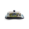 Creative ceramic butter box with lid, square shape, blue floral pattern, underglaze pottery finish