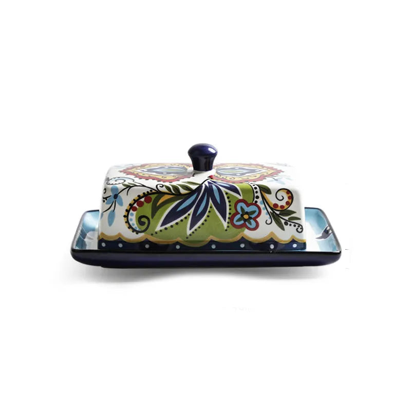 Creative ceramic butter box with lid, square shape, blue floral pattern, underglaze pottery finish