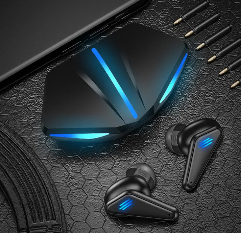 Blue Private Model K55 wireless Bluetooth gaming earbuds with in-ear design.