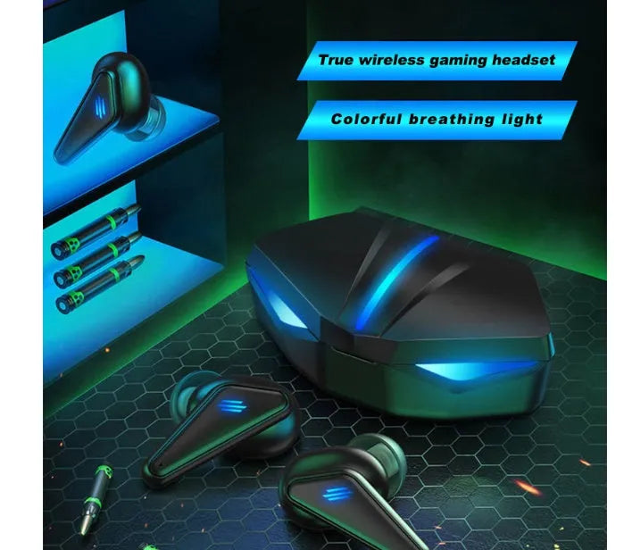 Blue Private Model K55 wireless Bluetooth gaming earbuds with in-ear design.