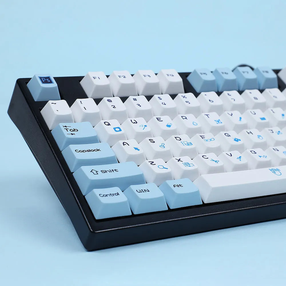 108-key PS theme mechanical keyboard keycaps with sublimation printed legends in blue and white colour scheme