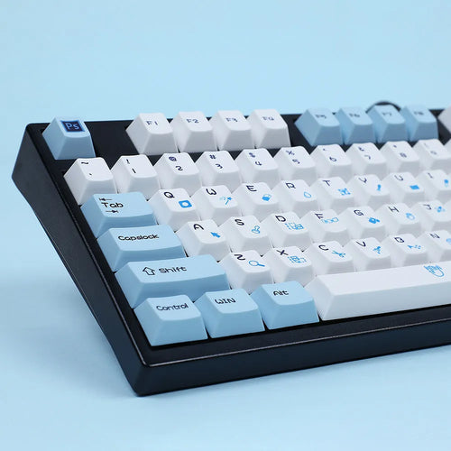 108-key PS theme mechanical keyboard keycaps with sublimation printed legends in blue and white colour scheme