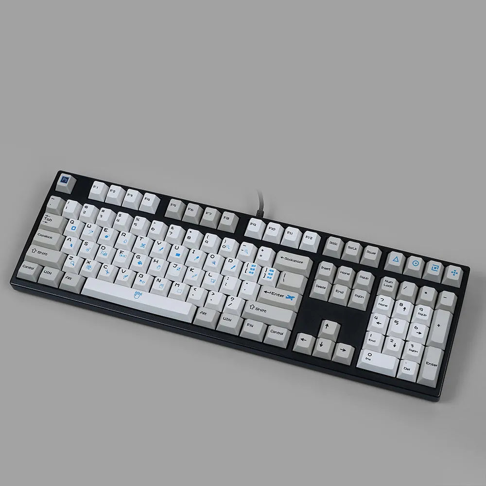 108-key PS theme mechanical keyboard keycaps with sublimation printed legends in blue and white colour scheme
