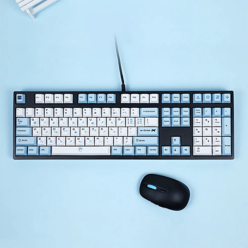 108-key PS theme mechanical keyboard keycaps with sublimation printed legends in blue and white colour scheme