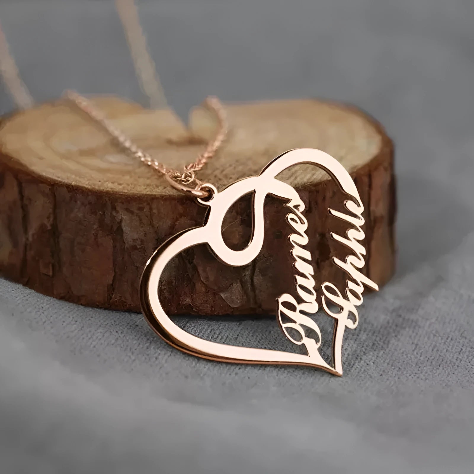 Personalised double heart necklace in stainless steel with custom name engraving on 45cm chain