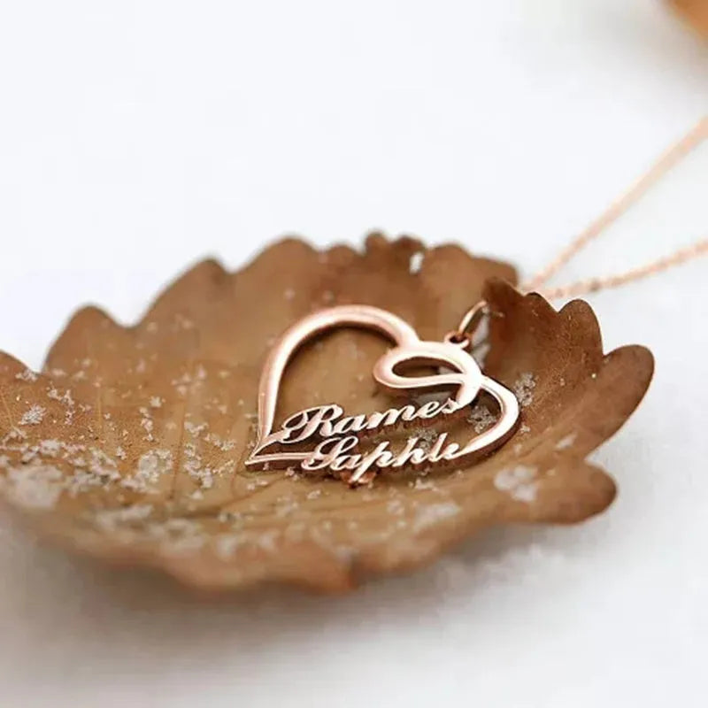 Personalised double heart necklace in stainless steel with custom name engraving on 45cm chain