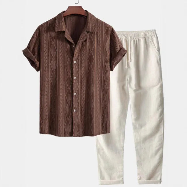 Slim-fit linen cardigan suit set with digital camouflage pattern including short-sleeve shirt and trousers