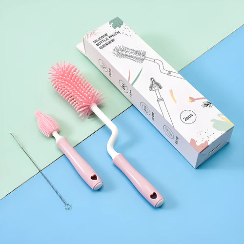 Silicone baby bottle brush and straw cleaning tool set in assorted colours.