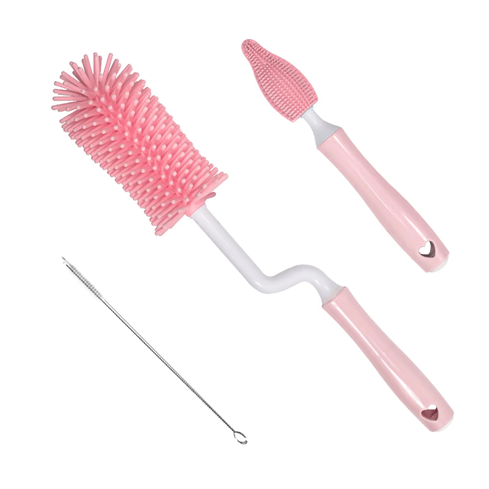 Silicone baby bottle brush and straw cleaning tool set in assorted colours.