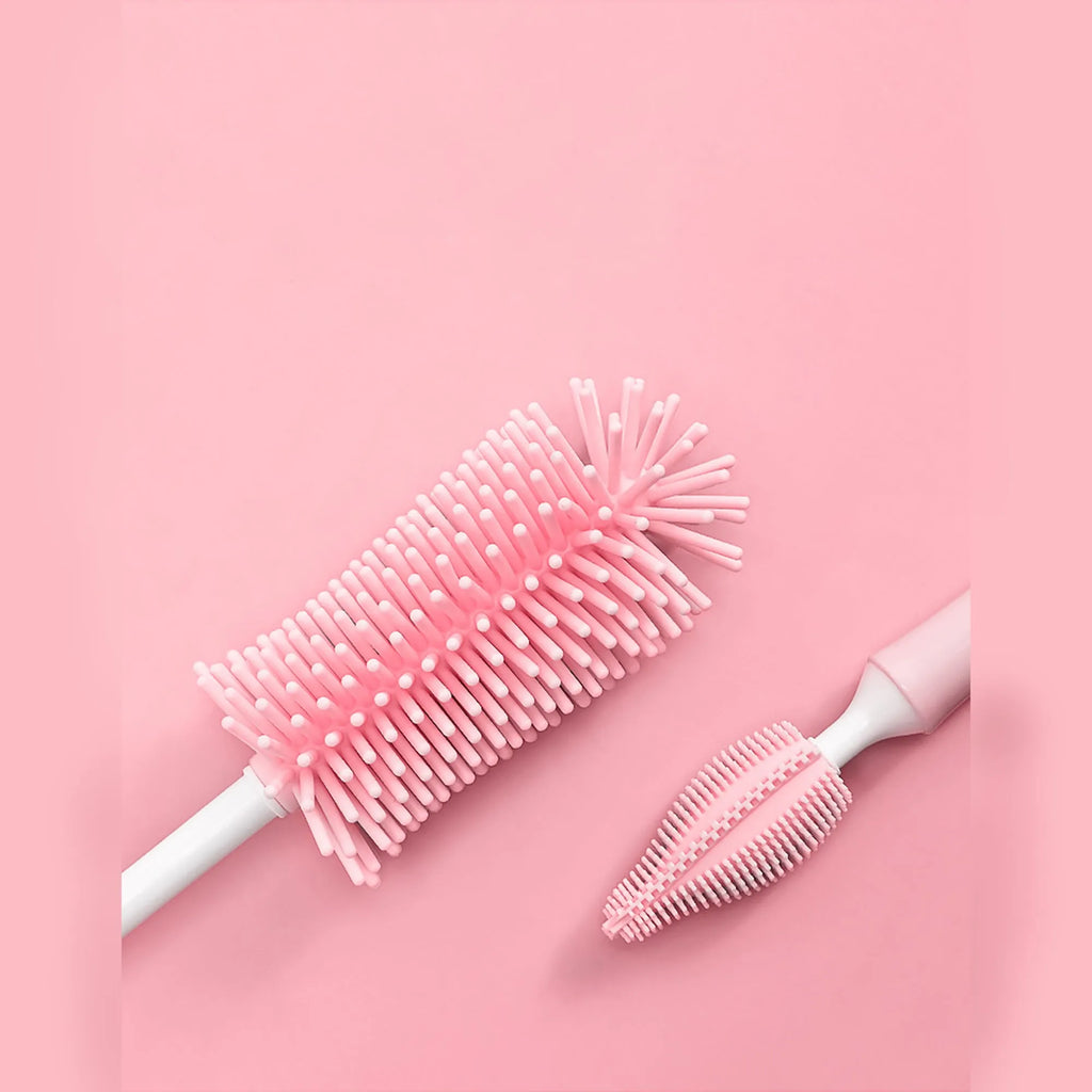 Silicone baby bottle brush and straw cleaning tool set in assorted colours.