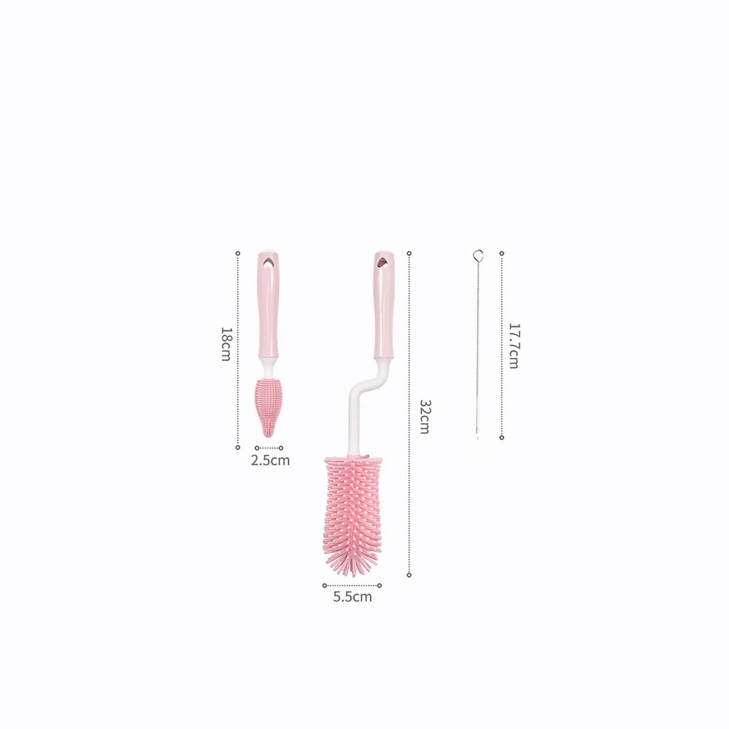 Silicone baby bottle brush and straw cleaning tool set in assorted colours.