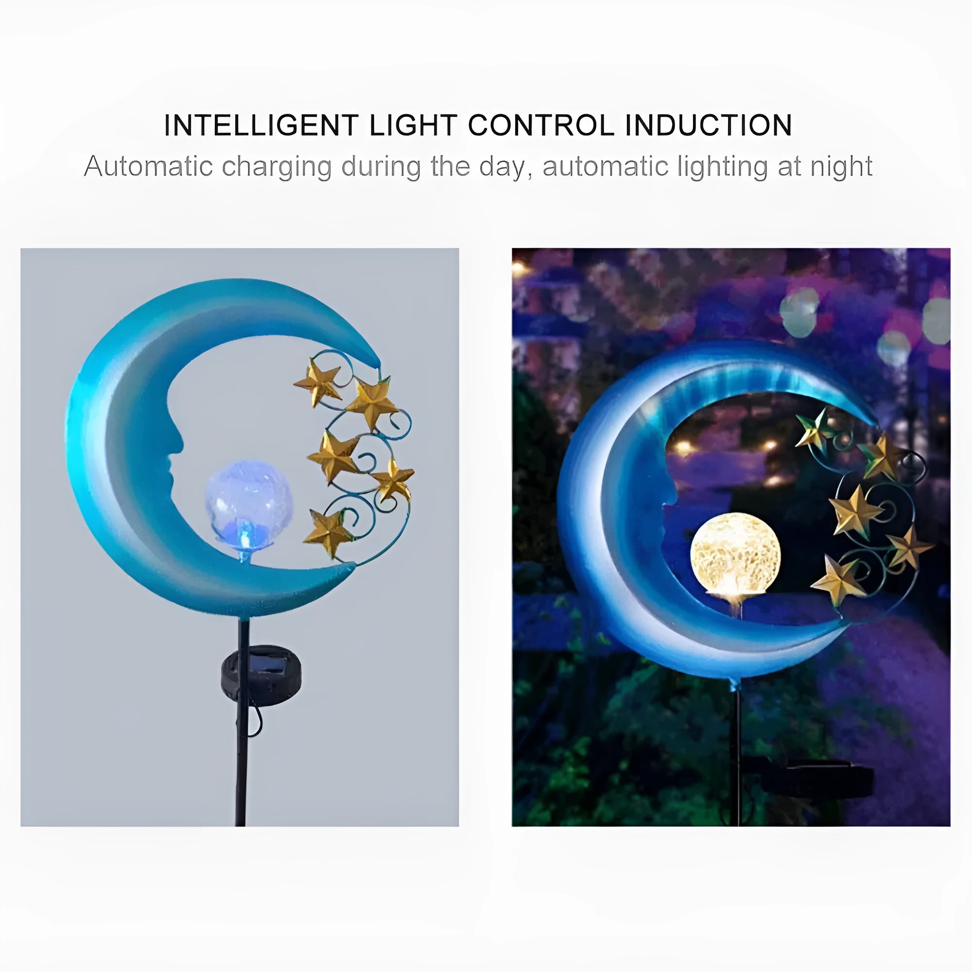 Blue moon-shaped solar garden light with wrought iron metal frame and crack glass ball.